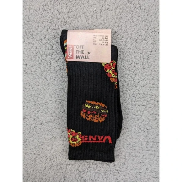 Vans Crew Socks Mens Womens 6.5-9 Black Burger Pizza All Over Print Athletic - Picture 2 of 3